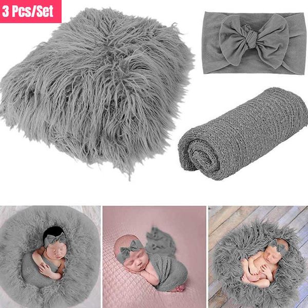 Vaftiz Elbiseleri 3pcs/Set 0-3 Month Yenidoğan Fotoğrafçılık Props Bebek Battaniye Sarma Başlık Bandı Fotoğraf Çekim Stüdyosu Kızlar Giyim Aksesuarları Hediye T221014