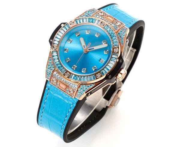 Mechanische Unisex-Armbanduhr für Herren und Damen, Roségold-Zifferblatt mit Diamant, 39 mm, blauer Gürtel, Super-Premium-Uhrwerk 1710, vollautomatisch, mit Kette, romantische Luxusuhr