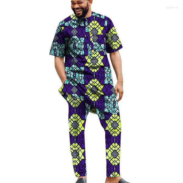 Herren-Trainingsanzüge, bunter Druck, kurze Ärmel, Herren-Set, Oberteile mit Hosen, nigerianischer Bräutigam-Anzug, männliche traditionelle afrikanische Kleidung