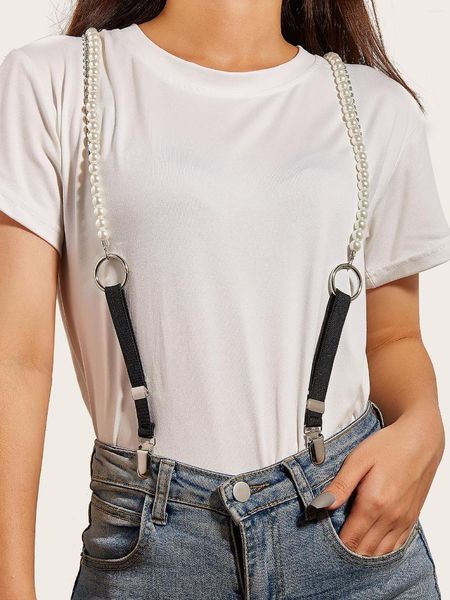 Cintos da moda Trendy Elastic Suspender Belt Chain Chain Pearl Decoration 3 Clip for Women