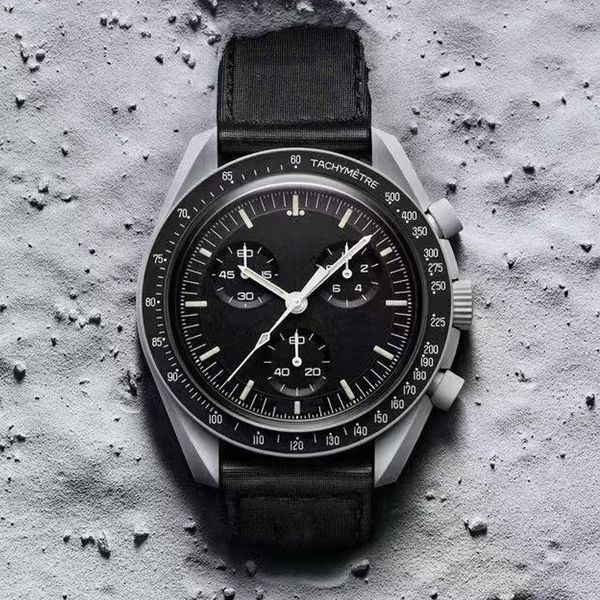 ДизайнБиокерамические мужские часы Planet Moon Высококачественные полнофункциональные хронографы Дизайнерские часы Mission To Mercury 42 мм Нейлоновые часы Кварцевые часы Relogio Masc