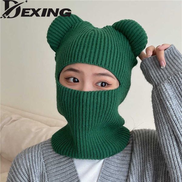 Bonés de ciclismo máscaras 2022 novo ano de 2022 gorros de orelhas de urso gorro engraçado balaclava inverno bonito chapéu de malha feminino quente capa facial completa máscara de esqui chapéu masculino boné ao ar livre L221014