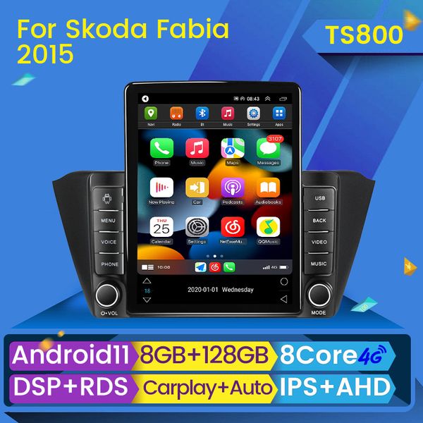 Player de rádio com DVD de carro para Skoda Fabia 2015-2019 Tesla Style Android 11 Autoradio GPS CarPlay BT IPS