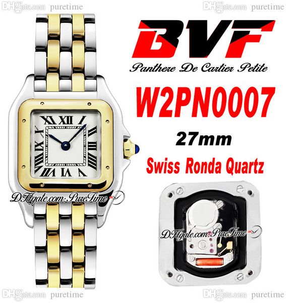 BVF W2PN0007 Schweizer Ronda Quarz-Damenuhr, 27 mm, zweifarbiges Gelbgold, weißes Zifferblatt, schwarzes römisches Edelstahlarmband, Damenuhren Super Edition Puretime B2