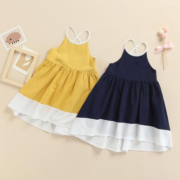 Mädchenkleider, Sommer-Freizeitkleid für Mädchen, Spleißfarbe, Spaghettiträger, ärmellos, Einteiler für Kinder von 3–8 Jahren, Marineblau/Gelb