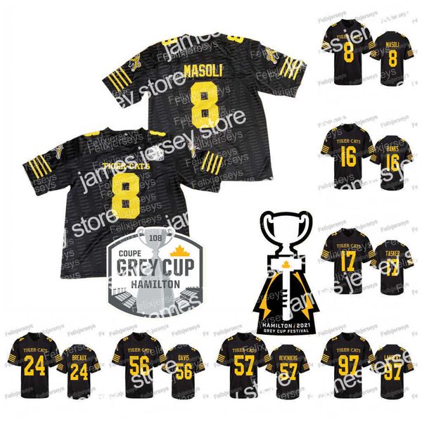 Camisas de futebol 2021 Hamilton Tiger-Cats Grey Cup Festival Camisa de futebol 16 Brandon Banks 8 Jeremiah Masoli Luke Tasker Delvin Breaux Ja'Gared Davis