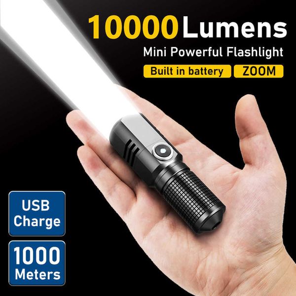 Taschenlampen Taschenlampen 10000 Lumen Mini Leistungsstarke LED-Taschenlampe XHP50 Eingebauter Akku 3 Modi USB wiederaufladbares Blitzlicht EDC-Taschenlampe Lampe Taschenlampen L221014