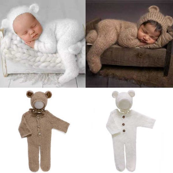 Abiti da battesimo 2pc / set Newborn Fotografia Puntelli Pagliaccetto Tuta Crochet Cappello di lana Baby Boy Girl Outfit Baby Animal Photo Prop T221014