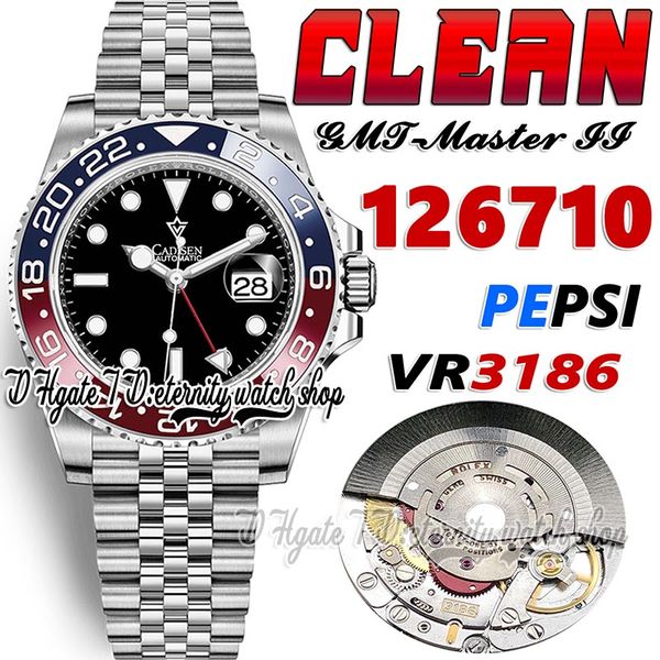 Clean GMT cf126710 VR3186 Orologio da uomo automatico Pepsi CF Lunetta in ceramica blu rossa Quadrante nero 904L JubileeBracciale in acciaio Super Edition Orologi per l'eternità della stessa carta