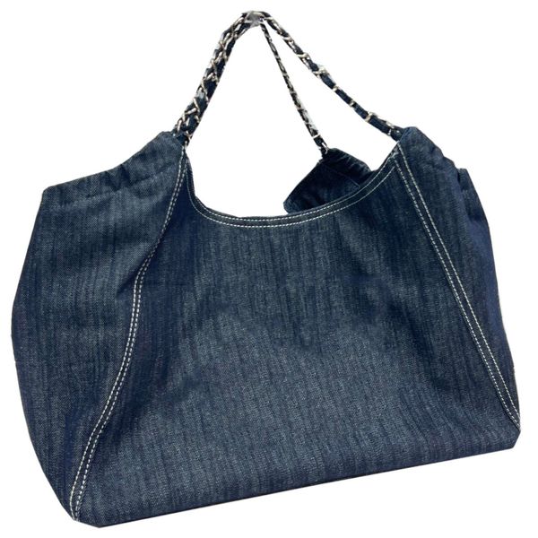 Französische Damen-Einkaufstasche, große Denim-Canvas-Tragetasche, klassische gesteppte Metallkette, Outdoor-Reisen, große Kapazität, Designer-Luxus-One-Shoulder-Handtasche, Achseltaschen