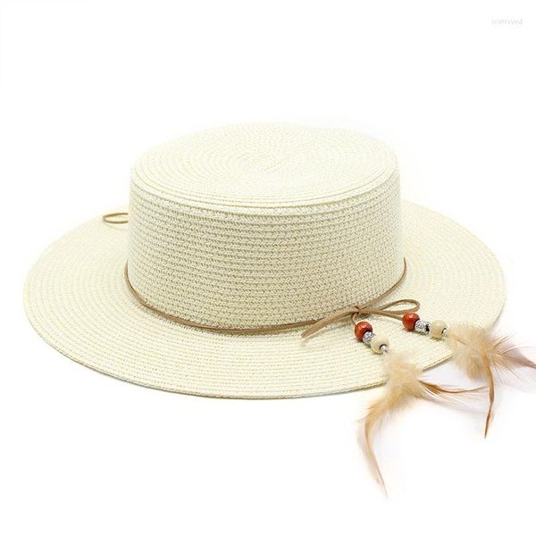 Berets Damen Sonne Fedora Hüte Panama Für Frauen Männer Feder Dekoration Visiere Outdoor Strand Stroh Khaki Weiß Party Hut