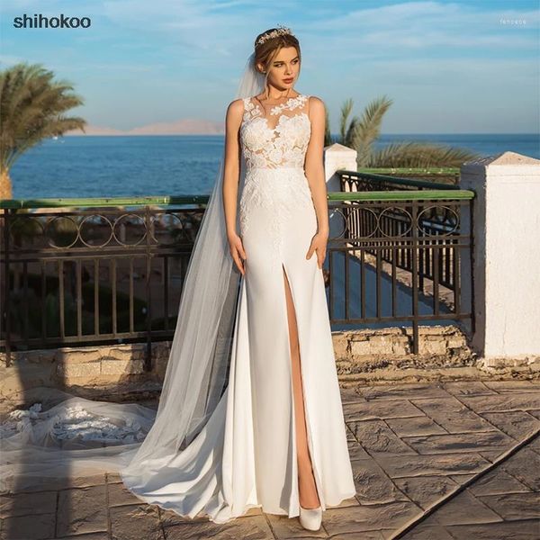 Hochzeitskleid Vintage Meerjungfrau Applikationen Spitzenkleider 2022 Applizierte schicke Chiffon Illusion Weiße Brautkleider Strand Elegante Prinzessin