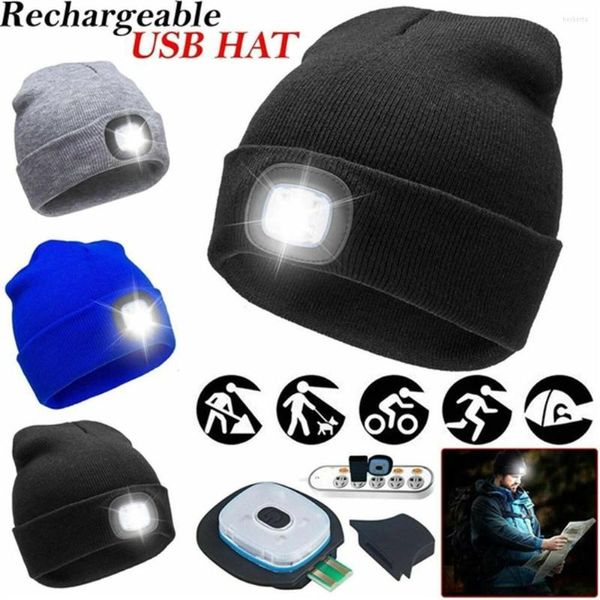 Chapéu de malha leve de bandanas LED USB Charging Wool Bap para Night Bicycle Running Camping Fishing Iluminação Térmica de Lã Térmica