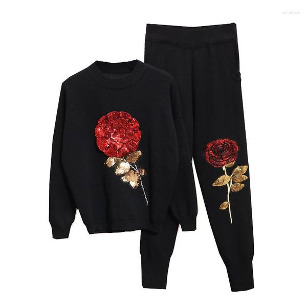 Damen Trainingsanzüge Frühling Zweiteilige Sets Frauen Sport Strickanzug Herbst Frau Blumen Pailletten Pullover Tops Hosen Set Lässig Lose