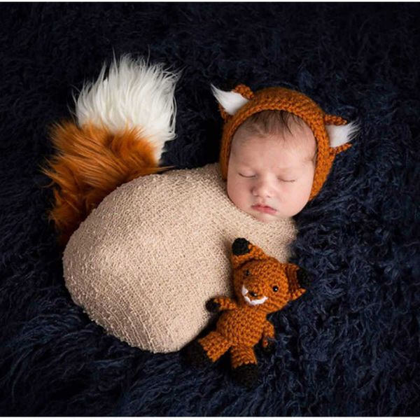 Abiti da battesimo Fox Doll Hat 2 pezzi Baby Photography Costume Puntelli Cappello lavorato a maglia a mano Giocattoli Newborn Photo Accessori per lo styling ausiliari Forniture T221014