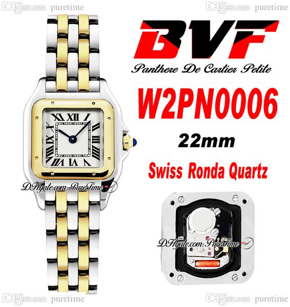 BVF W2PN0006 Swiss Ronda Quartz Ladies Watch 22mm Dois tons 18k Dial dourado amarelo Branco Black Roman Roman Stainless Aço