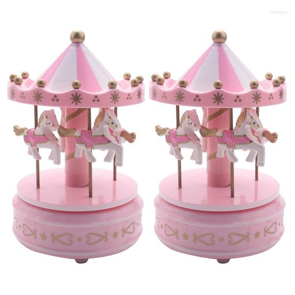 Estatuetas decorativas 2x Musical Carousel Horse Horsel Wooden Music Box Toy Child Baby Pink Game