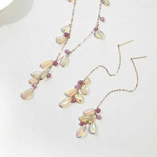 Halskette Ohrringe Set Opal natürliche Edelsteine 18K reines massives Roségold handgemachte Ohrringe elegantes Geschenk für Frauen
