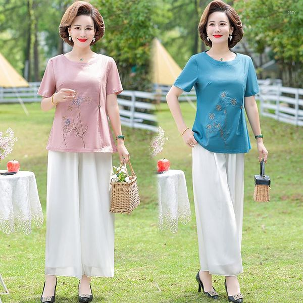 Frauen Zweiteilige Hosen Weiß Chiffon Breite Bein Anzüge Weibliche 2022 Sommer Sets Frauen Outfits Mode Elegante Baumwolle Tops kleidung 5XL