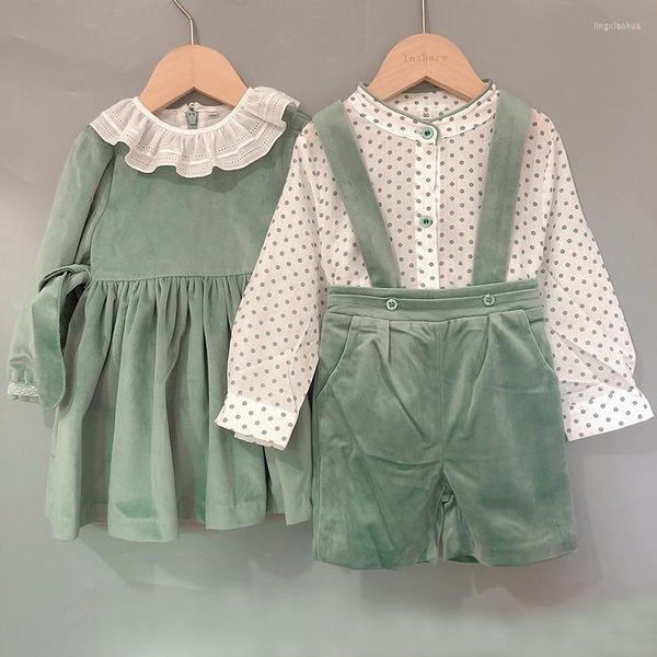 Roupas conjuntos infantis boutique boutique meninos espanhóis de veludo verde conjunto de manga longa camisa de algodão para irmãos roupas eid batismo