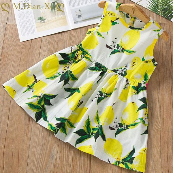 Vestidos de menina verão meninas vestido princesa algodão amarelo limão impressão clássica casual infantil para crianças roupas 1-6 anos