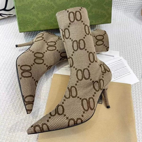 Klassische Luxus-Halbstiefel, Stiletto-Stiefeletten, gestrickte Socken, über dem Knie hoch, hoch, dehnbar, oberschenkelhoch, spitze Zehenpartie, der Hacker Project Aria For Women-Designer