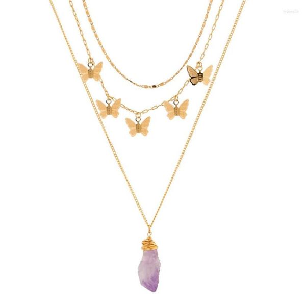 Colares pendentes Fysl Light Yellow Gold Color Butterfly Connect Amethysts Stone Multi Chain Chain Colar Jewelry Trendy Jewelry