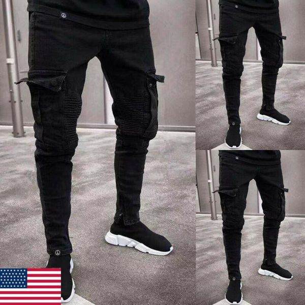 Jeans mens designer jeans skinny homem preto denim jean biker destruído desgastado magro ajuste bolso carga lápis calças plus size s3xl moda