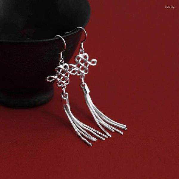 Ciondola gli orecchini d'argento per le donne S925 gioielli in argento nodo cinese lungo nappa Earing Brincos Femme Pendientes regali di nozze