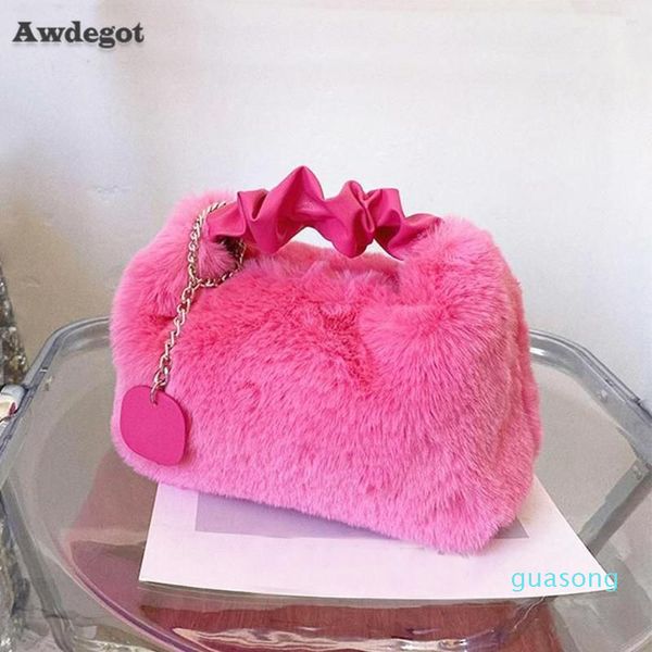 Borse da sera Borsa a tracolla con cerniera soffice con gnocchi rosa Borsa a tracolla con catena in pelliccia sintetica invernale per donna Borse in peluche beige Borse da donna