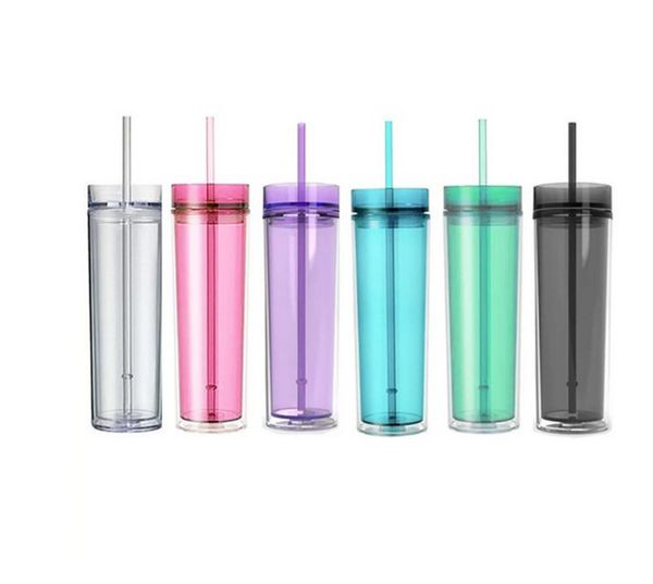 Sea 16oz Skinny Acrylbecher, gemischte Farben, durchsichtige Kunststoffbecher, doppelwandig, tragbar, einfach zu nehmende transparente Kaffeebecher mit Deckel und Strohhalm, DIY Custom