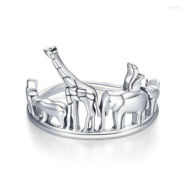 Anelli a grappolo Kolmnsta Fun Zoo Anello in argento sterling 925 Elefante e giraffa Gioielli di personalità carini per le donne