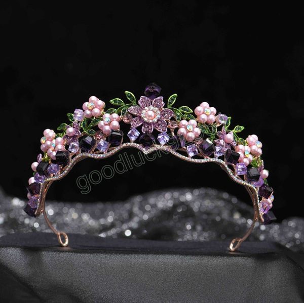 Vintage Mor Kristal Çiçek Pembe İnciler Gelin Taçlar Rhinestone Tiaras Kadın Düğün Saç Aksesuarları