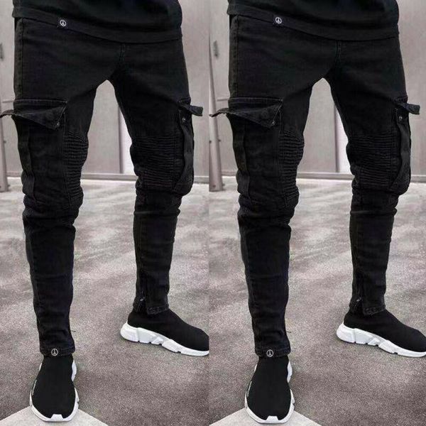 Mens Designer Skinny Jeans Homem Negro Denim Jean Biker Destruído Desgastado Slim Fit Bolso Carga Lápis Calças Plus Size S-3Xl Moda 374