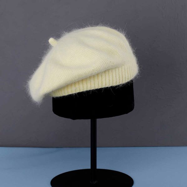 Beanie/Skull Caps Пушистые мягкие женские кроличьи волосы Береты French Artist Style Теплая зимняя шапка Beanie Hat Retro Plain Beret Solid Color Elegant La J221010