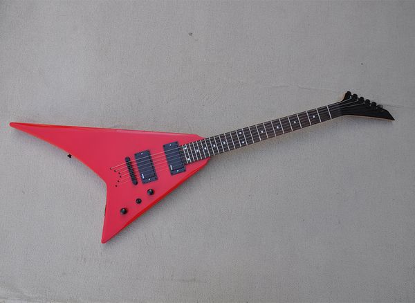 Rote V-Strings-E-Gitarre mit durchgehendem Korpus und Dot-Inlay-Griffbrett aus Palisander