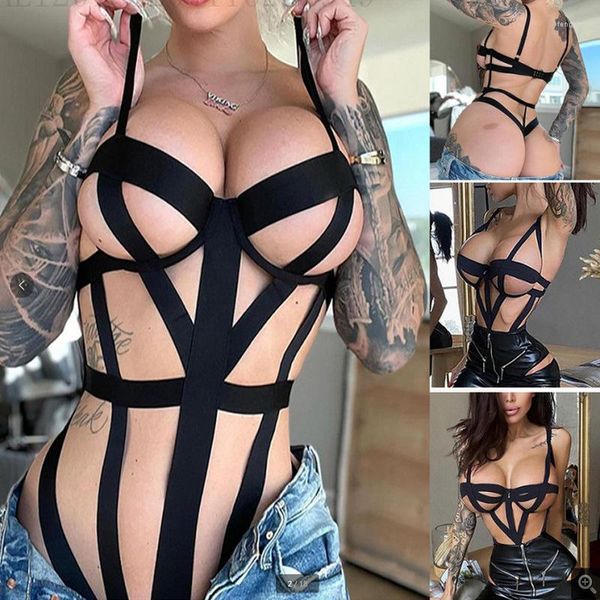 Serbatoi da donna Taglie forti Costume da bagno con fasciatura cava siamese Lingerie sexy Donna Tuta a tre punti nera Pelle Backless Cerniera erotica Lattice