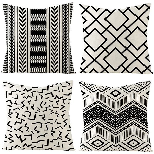 Kissenbezug mit afrikanischen geometrischen Mustern und Reißverschluss, schwarz-weiß gestreift, quadratischer Kissenbezug, 45 x 45 cm