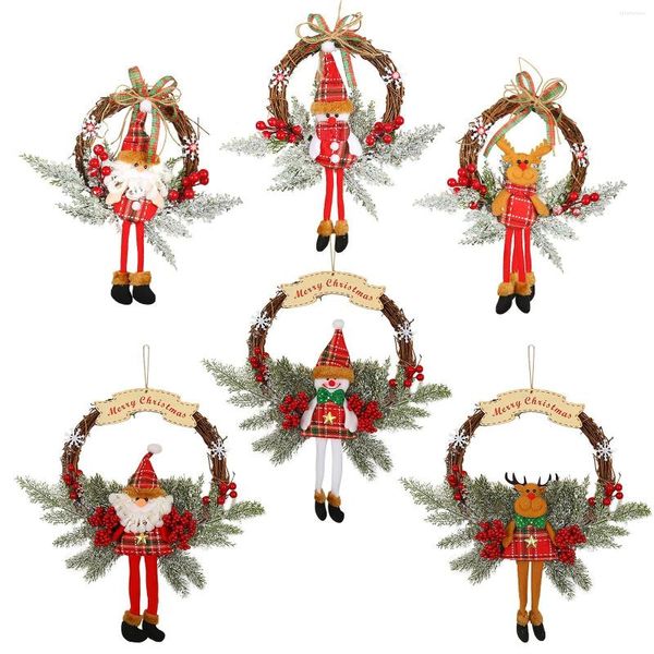 Fiori decorativi Bambole di stoffa in rattan di legno Corona Ornamenti appesi alla porta Buon Natale Decorazione Babbo Natale Pupazzo di neve Ghirlande Albero di Natale