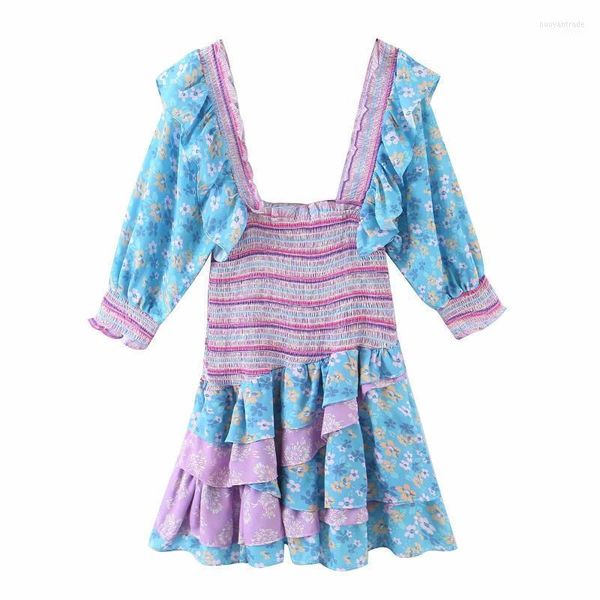 Vestidos casuais mixados estampas florais vestidos de férias com babados de pescoço quadrado smocked laides sexy mini 2022 outono