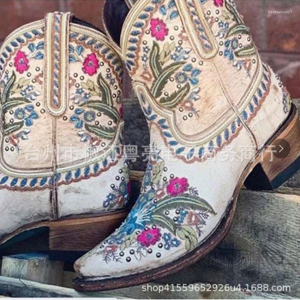 Botas femininas com bordado de flor cow boy salto grosso curto 2022 primavera feminino oeste