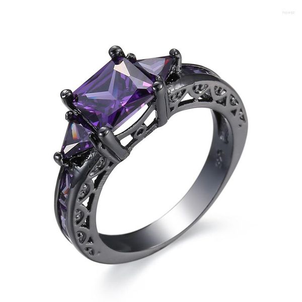 Fedi nuziali Gioielli vuoti classici Anello con pietra viola CZ taglio principessa Anello di fidanzamento vintage da donna in oro nero 10KT