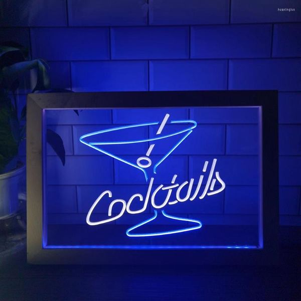 Decorazione per feste Cocktail Rum Wine Lounge Bar Pub LED bicolore Insegna al neon Cornice Po Lampada da tavolo creativa Camera da letto Scrivania Luce notturna in legno 3D