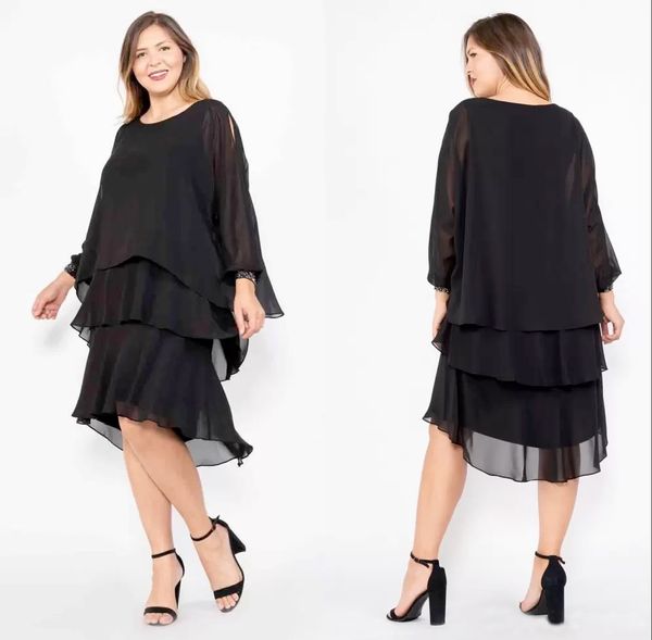 Abiti per la madre della sposa in chiffon nero a 3 livelli Lunghezza al ginocchio Elegante abito da cerimonia per donna a maniche lunghe