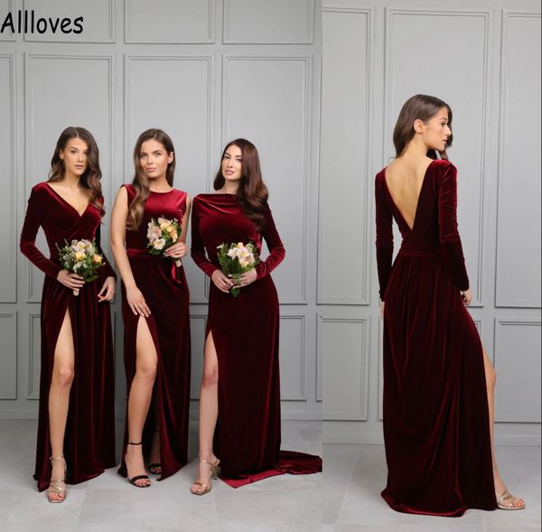 Velluto bordeaux maniche lunghe una linea abiti da damigella d'onore sexy spacco aperto sul retro abiti da ballo da sera formale per le donne arabo Aso Ebi plus size abito da sposa CL1280