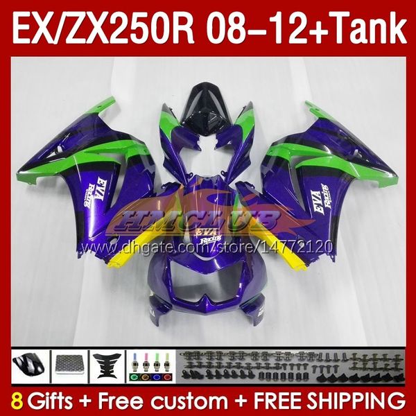 Tanque de fadas de inje￧￣o para Kawasaki Ninja Ex250R ZX250R 2008 2009 2010 2012 2012 ZX250 EX250 R 163NO.114 ZX-250R 08-12 EX ZX 250R 08 09 10 11 12 OEM Fairing Green Purple