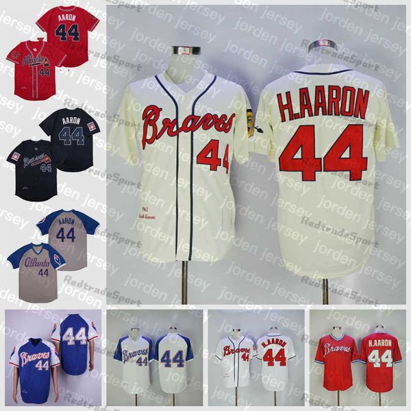 Camisas de beisebol personalizadas vintage 1963-1974 Hank Aaron 44 H.Aaron Blue camisas costuradas camisa branca vermelha mensal