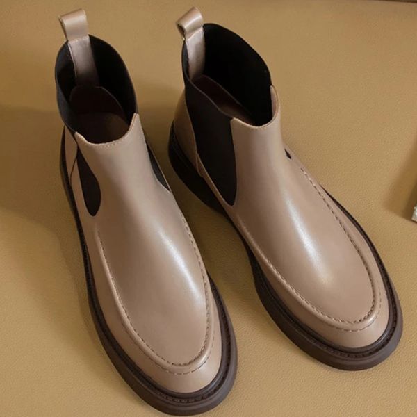 Gai Boots Kanseet Kadın Ayakkabı Yuvarlak Toe Toe Elastik Orijinal Deri Ayak Bileği Moda Sonbahar Kış Kayısı Kalın Topuk Lady 221014