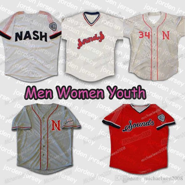 Camisas de beisebol NOVAs roupas de beisebol universitário Masculino Nashville Sounds Azul marinho Branco Cinza Vermelho Camisas personalizadas com costura dupla Camisetas de beisebol Homens Mulheres Jovens