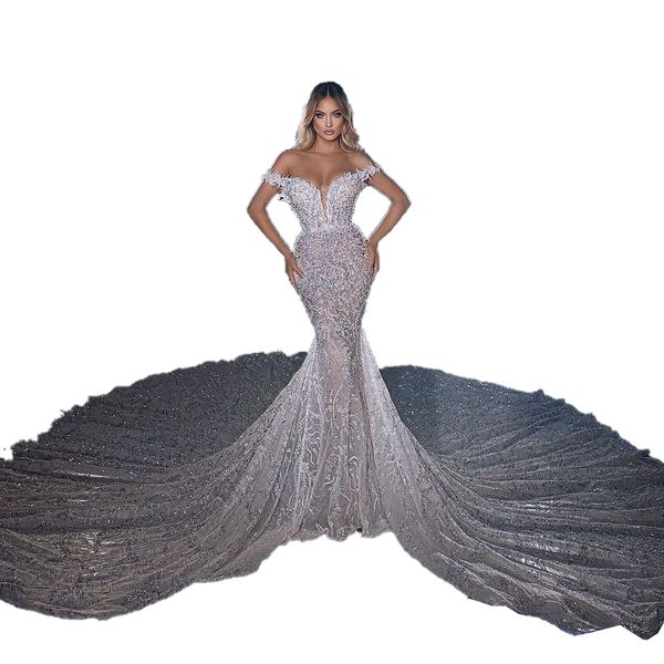 Abiti da sposa a sirena in tulle squisiti 2022 Appliques sexy con scollo a V profondo Brillare paillettes Abito da sposa Brush Train Robe De Vestido